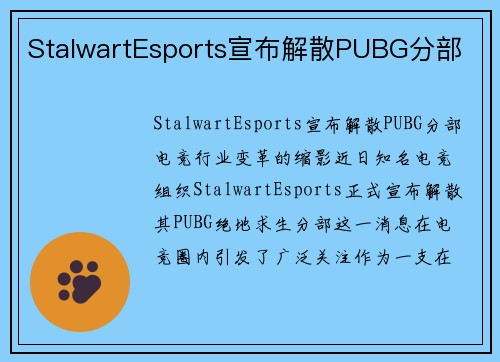 StalwartEsports宣布解散PUBG分部